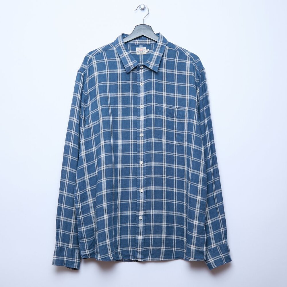 Faherty Laguna 100% Linen Nightfall Plaid Button Down Blue Shirt XXL - Picture 2 of 14